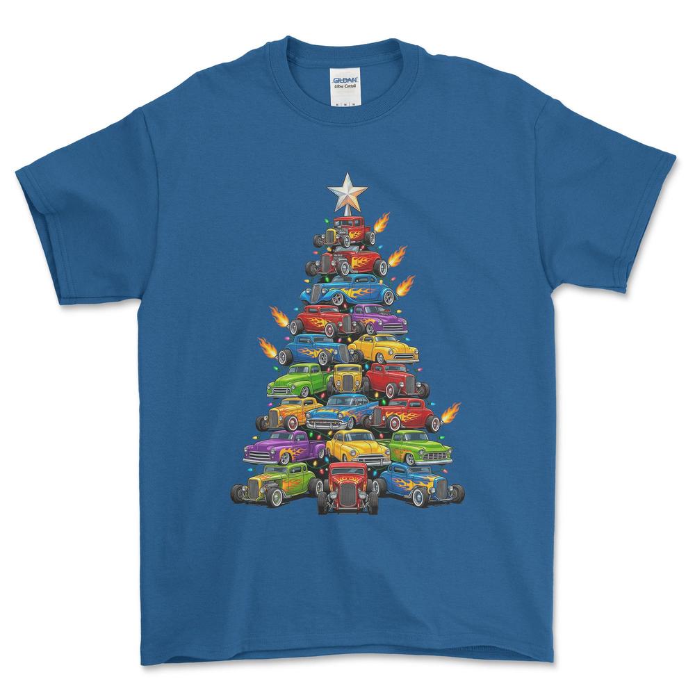 Hot Rod Juletræ Christmas Tree - Unisex T-Shirt-Beklædning-Hot Rod-Blå Royal-S-Forside-Garage Culture Shop- garage - man cave - merchandise