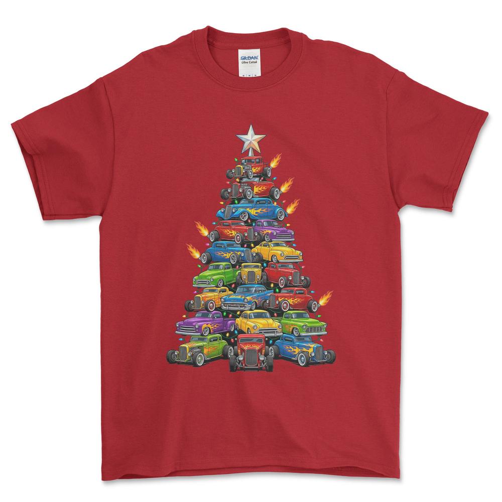 Hot Rod Juletræ Christmas Tree - Unisex T-Shirt-Beklædning-Hot Rod-Rød-S-Forside-Garage Culture Shop- garage - man cave - merchandise