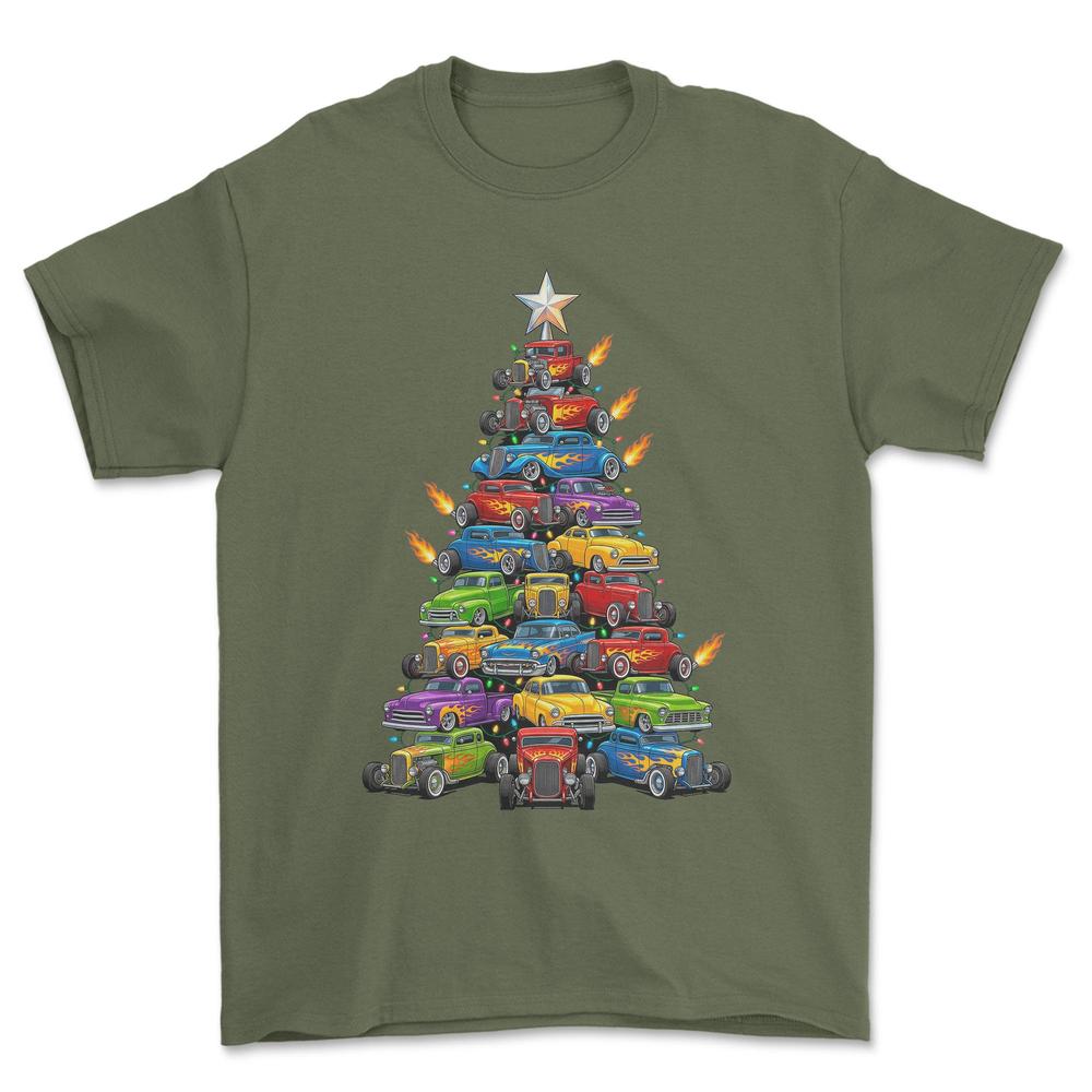Hot Rod Juletræ Christmas Tree - Unisex T-Shirt-Beklædning-Hot Rod-Grøn Militær-S-Forside-Garage Culture Shop- garage - man cave - merchandise