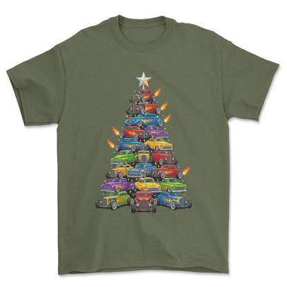 Hot Rod Juletræ Christmas Tree - Unisex T-Shirt-Beklædning-Hot Rod-Grøn Militær-S-Forside-Garage Culture Shop- garage - man cave - merchandise