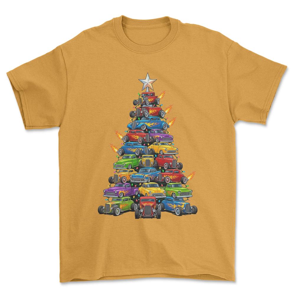 Hot Rod Juletræ Christmas Tree - Unisex T-Shirt-Beklædning-Hot Rod-Guld-S-Forside-Garage Culture Shop- garage - man cave - merchandise
