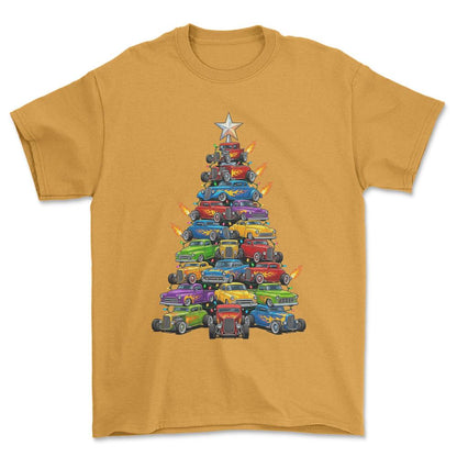 Hot Rod Juletræ Christmas Tree - Unisex T-Shirt-Beklædning-Hot Rod-Guld-S-Forside-Garage Culture Shop- garage - man cave - merchandise