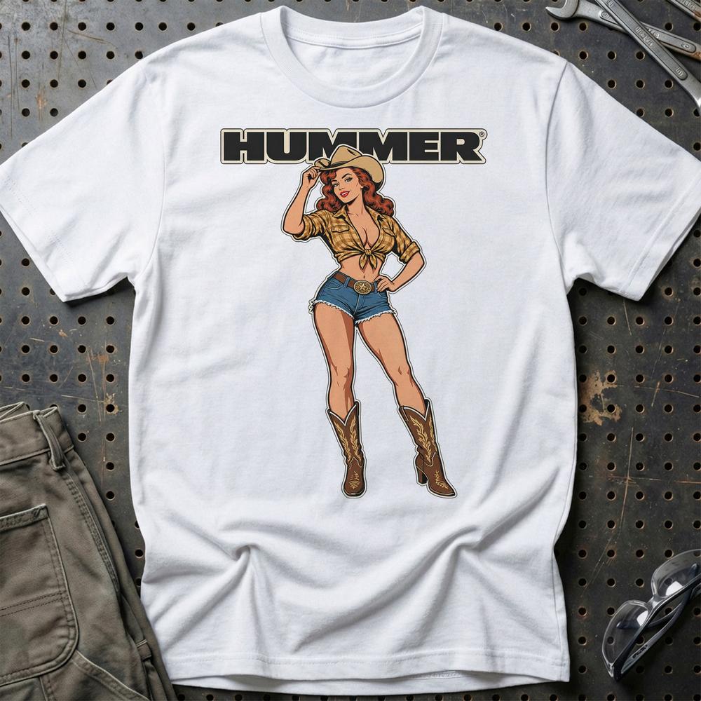 Hummer Cowboy Pinup T-Shirt-Beklædning-Hummer-Hvid-S-Garage Culture Shop- garage - man cave - merchandise