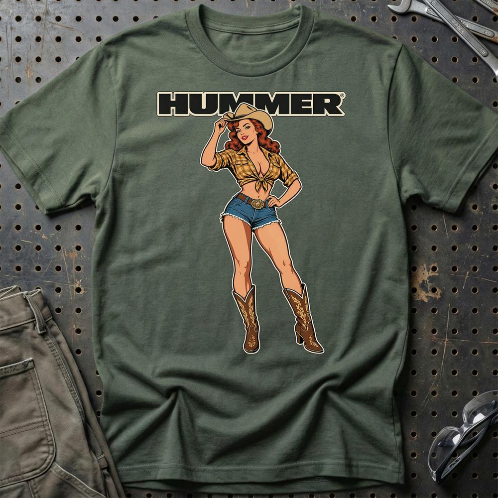 Hummer Cowboy Pinup T-Shirt-Beklædning-Hummer-Grøn Militær-S-Garage Culture Shop- garage - man cave - merchandise