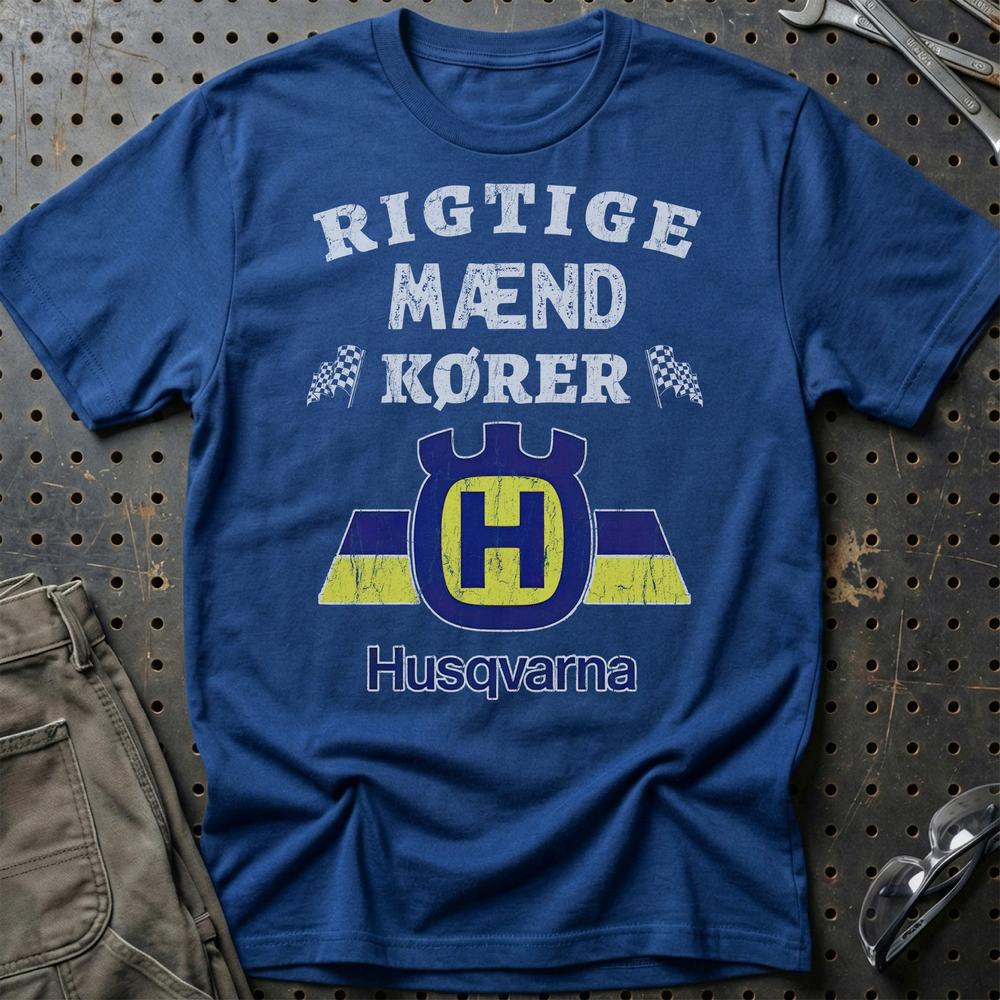 Husqvarna Rigtige Mænd Kører - Unisex T-Shirt , Bomuld-Beklædning-Husqvarna-Blå Royal-S-Garage Culture Shop- garage - man cave - merchandise