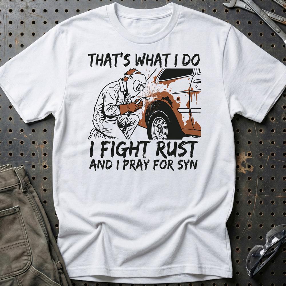 I Fight Rust And i Pray For Syn T-Shirt-Beklædning-Garage Culture-Hvid-S-Garage Culture Shop- garage - man cave - merchandise