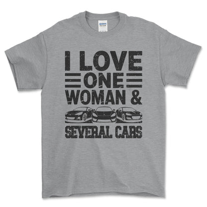 I Love One Woman and Several Cars T-Shirt , Bomuld-Beklædning-Garage Culture-Grå Sport-S-Forside-Garage Culture Shop- garage - man cave - merchandise