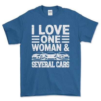 I Love One Woman and Several Cars T-Shirt , Bomuld-Beklædning-Garage Culture-Blå Royal-S-Forside-Garage Culture Shop- garage - man cave - merchandise