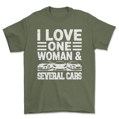 I Love One Woman and Several Cars T-Shirt , Bomuld-Beklædning-Garage Culture-Grøn Militær-S-Forside-Garage Culture Shop- garage - man cave - merchandise