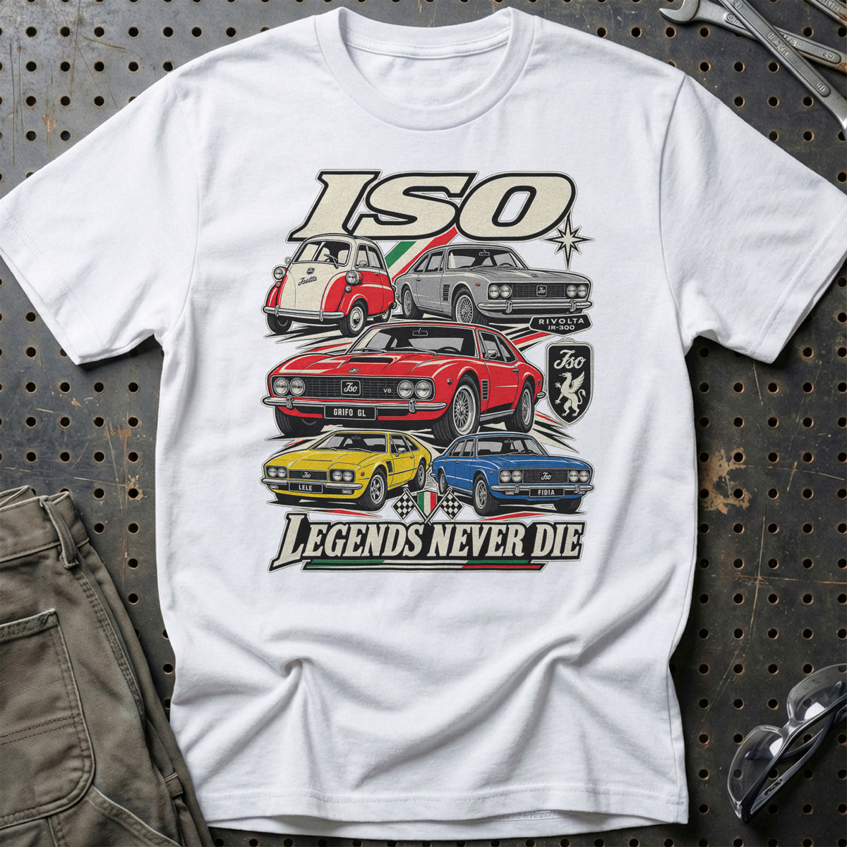 ISO Legends Never Die T-Shirt-Beklædning-Iso-Hvid-S-Garage Culture Shop- garage - man cave - merchandise