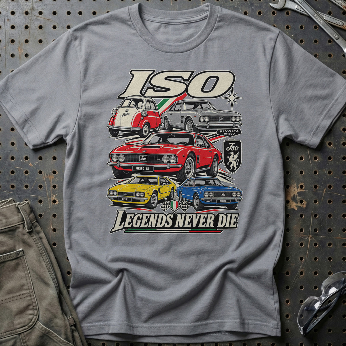 ISO Legends Never Die T-Shirt-Beklædning-Iso-Grå Sport-S-Garage Culture Shop- garage - man cave - merchandise