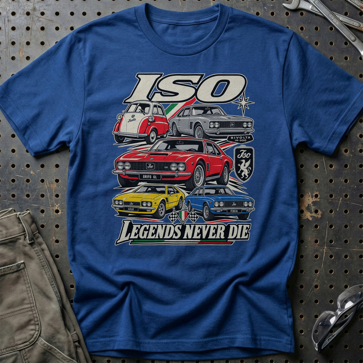 ISO Legends Never Die T-Shirt-Beklædning-Iso-Blå Royal-S-Garage Culture Shop- garage - man cave - merchandise