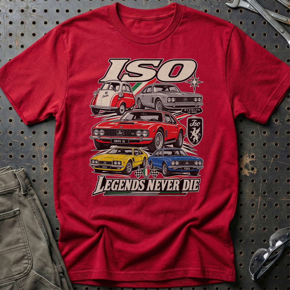 ISO Legends Never Die T-Shirt-Beklædning-Iso-Rød-S-Garage Culture Shop- garage - man cave - merchandise
