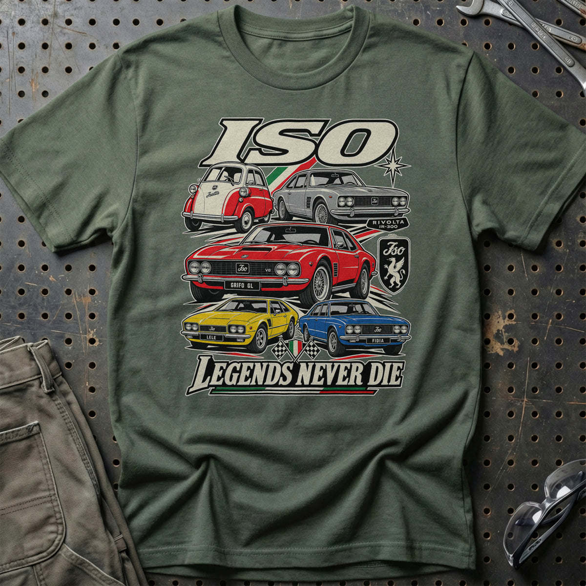 ISO Legends Never Die T-Shirt-Beklædning-Iso-Grøn Militær-S-Garage Culture Shop- garage - man cave - merchandise