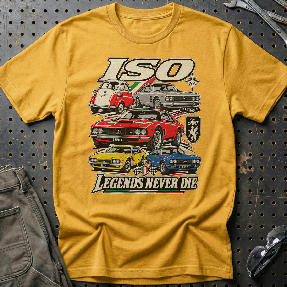 ISO Legends Never Die T-Shirt-Beklædning-Iso-Guld-S-Garage Culture Shop- garage - man cave - merchandise