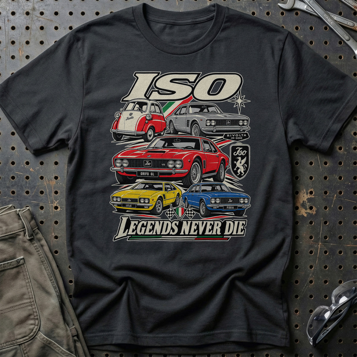 ISO Legends Never Die T-Shirt-Beklædning-Iso-Sort-S-Garage Culture Shop- garage - man cave - merchandise