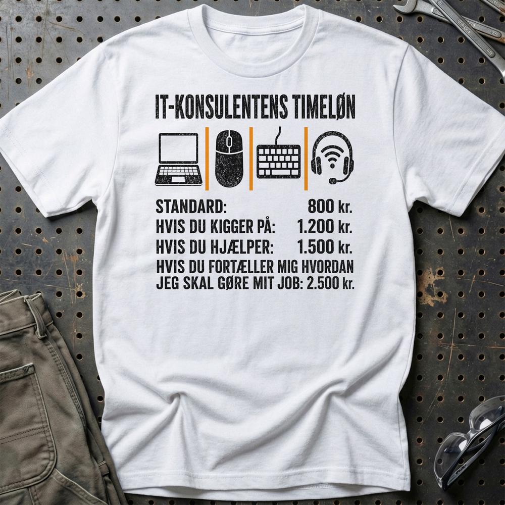 IT-konsulentens Timeløn - Unisex T-Shirt , Bomuld-Beklædning-Garage Culture-Hvid-S-Garage Culture Shop- garage - man cave - merchandise
