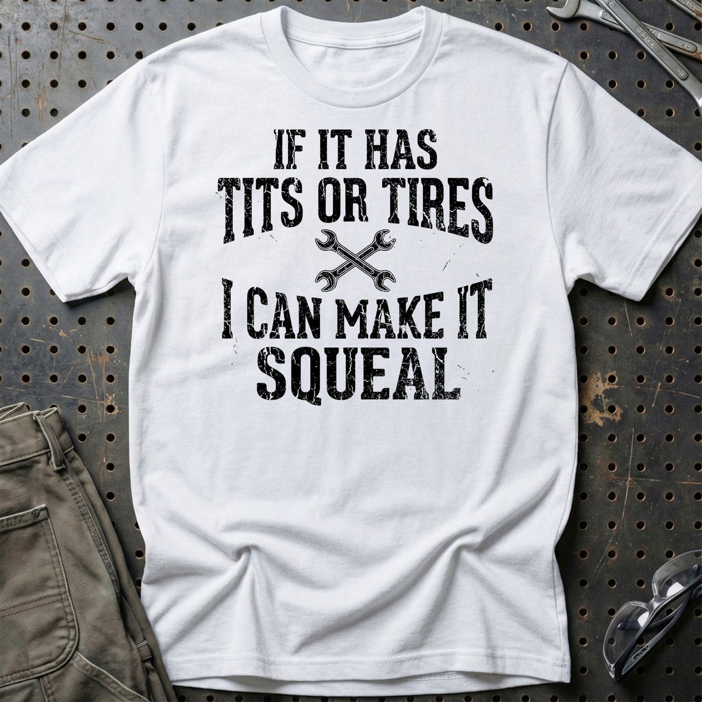 If It Has Tits or Tires - Unisex T-Shirt , Bomuld-Beklædning-Garage Culture-Hvid-S-Garage Culture Shop- garage - man cave - merchandise