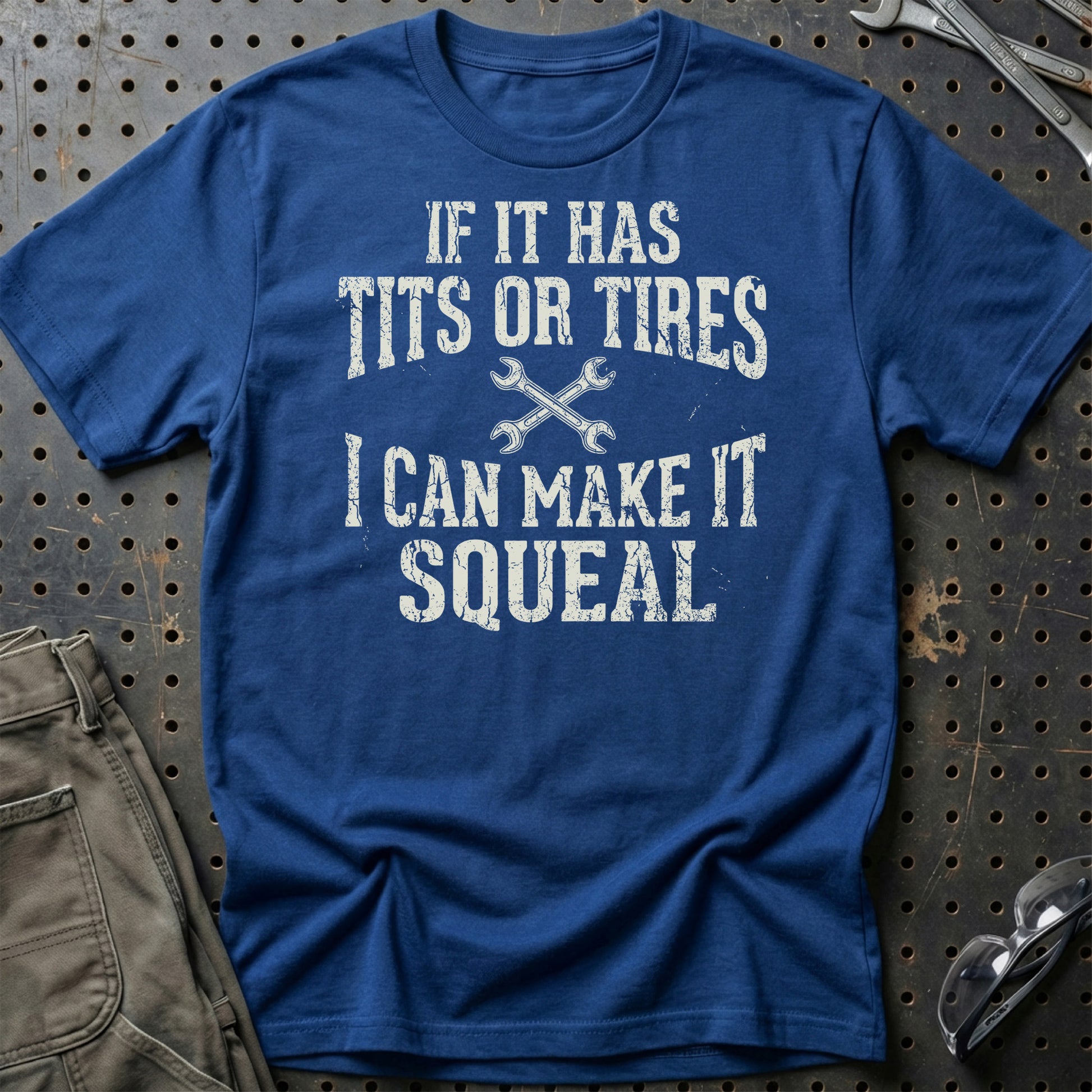 If It Has Tits or Tires - Unisex T-Shirt , Bomuld-Beklædning-Garage Culture-Blå Royal-S-Garage Culture Shop- garage - man cave - merchandise