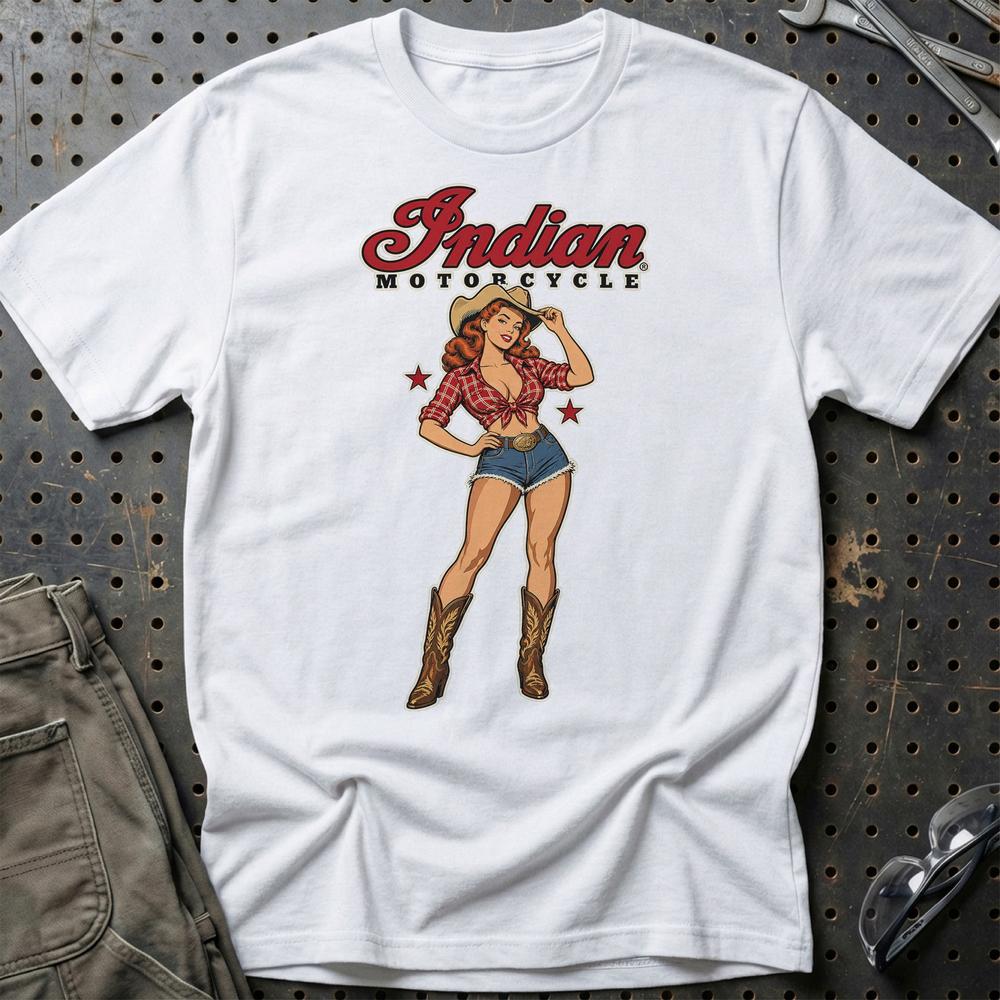 Indian Cowboy Pinup T-Shirt-Beklædning-Indian-Hvid-S-Garage Culture Shop- garage - man cave - merchandise