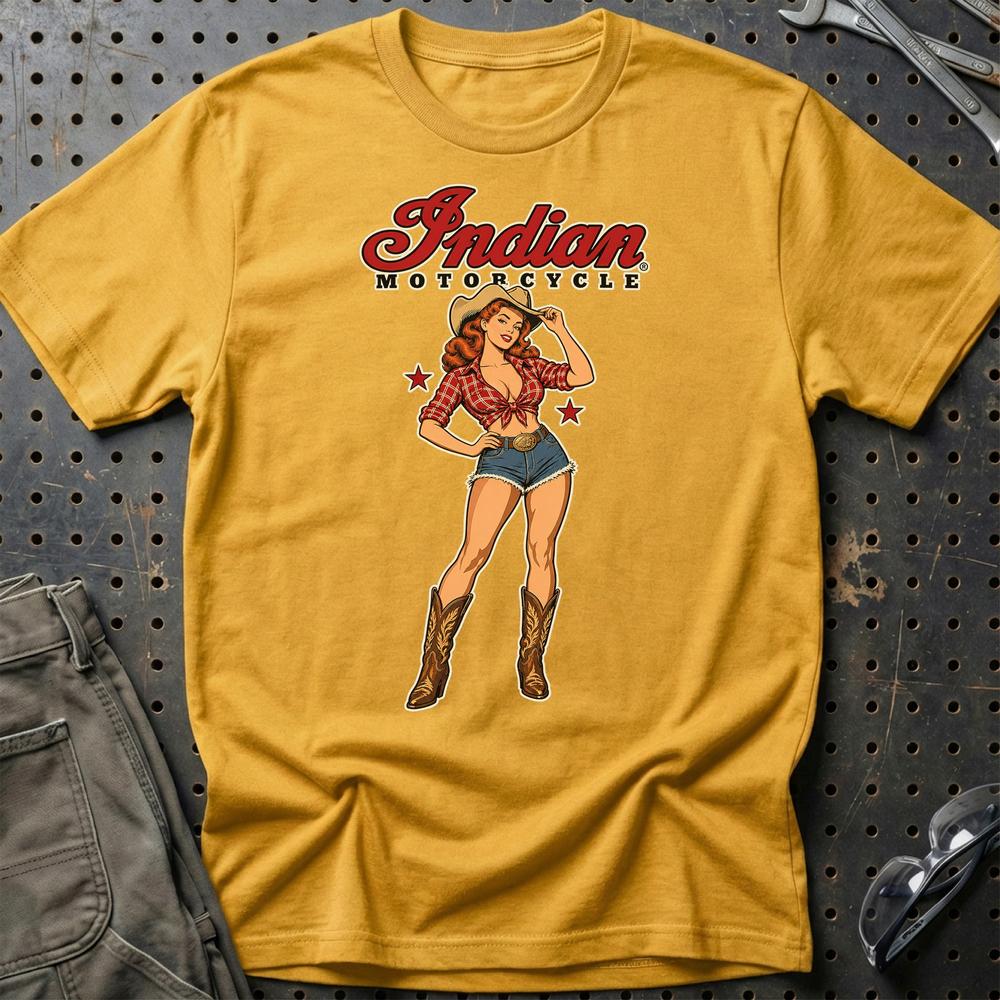 Indian Cowboy Pinup T-Shirt-Beklædning-Indian-Guld-S-Garage Culture Shop- garage - man cave - merchandise