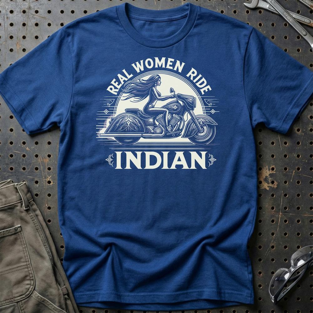 Indian - Real Women Ride Indian - Unisex T-Shirt , Bomuld-Beklædning-Indian-Blå Royal-S-Garage Culture Shop- garage - man cave - merchandise