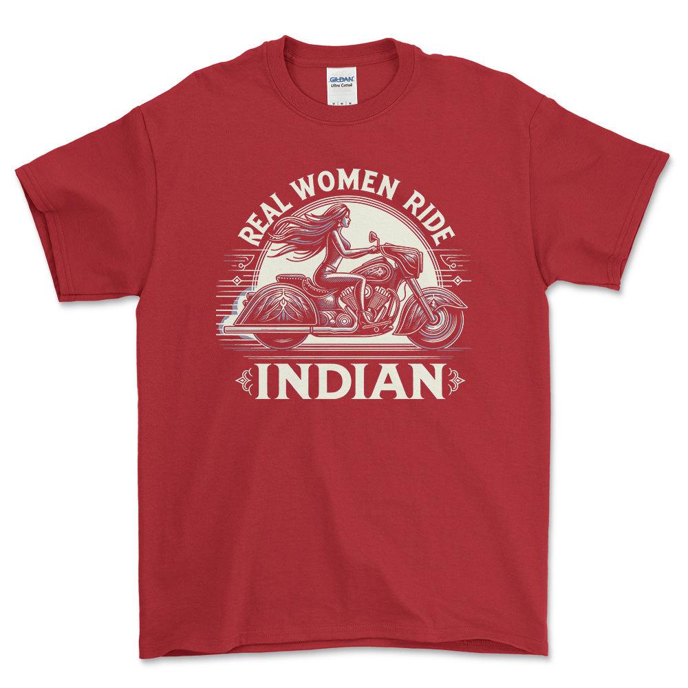 Indian - Real Women Ride Indian - Unisex T-Shirt , Bomuld-Beklædning-Indian-Rød-S-Forside-Garage Culture Shop- garage - man cave - merchandise