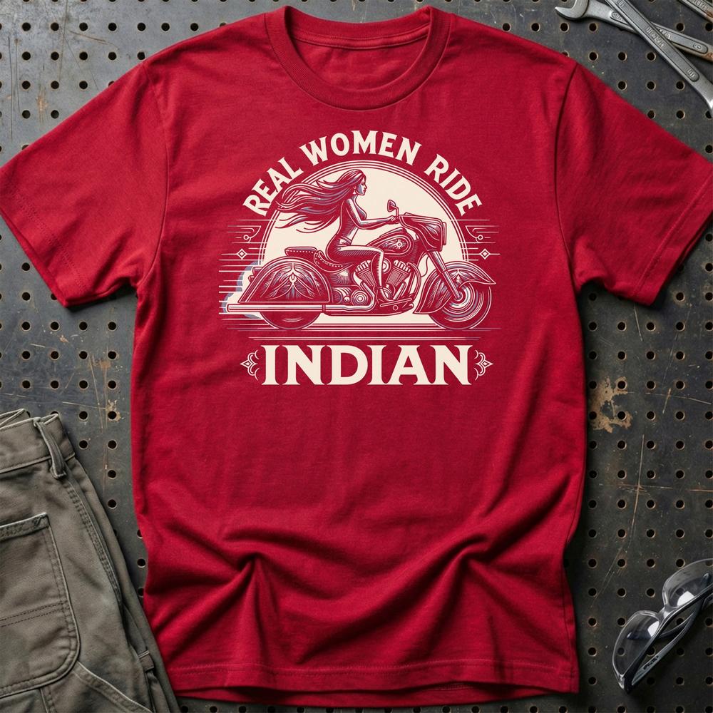 Indian - Real Women Ride Indian - Unisex T-Shirt , Bomuld-Beklædning-Indian-Rød-S-Garage Culture Shop- garage - man cave - merchandise