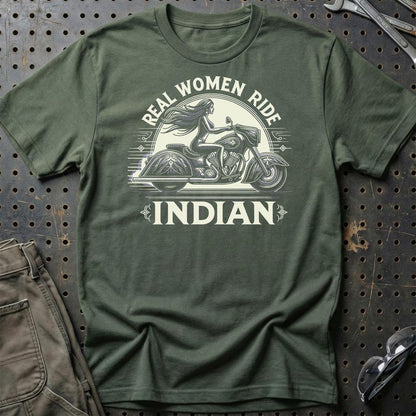 Indian - Real Women Ride Indian - Unisex T-Shirt , Bomuld-Beklædning-Indian-Grøn Militær-S-Garage Culture Shop- garage - man cave - merchandise