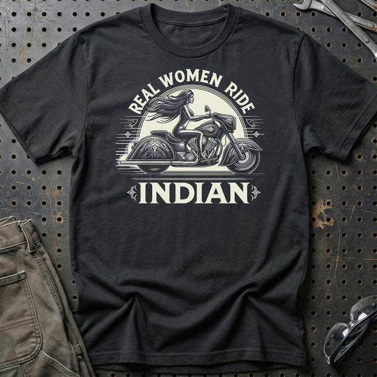 Indian - Real Women Ride Indian - Unisex T-Shirt , Bomuld-Beklædning-Indian-Sort-S-Garage Culture Shop- garage - man cave - merchandise