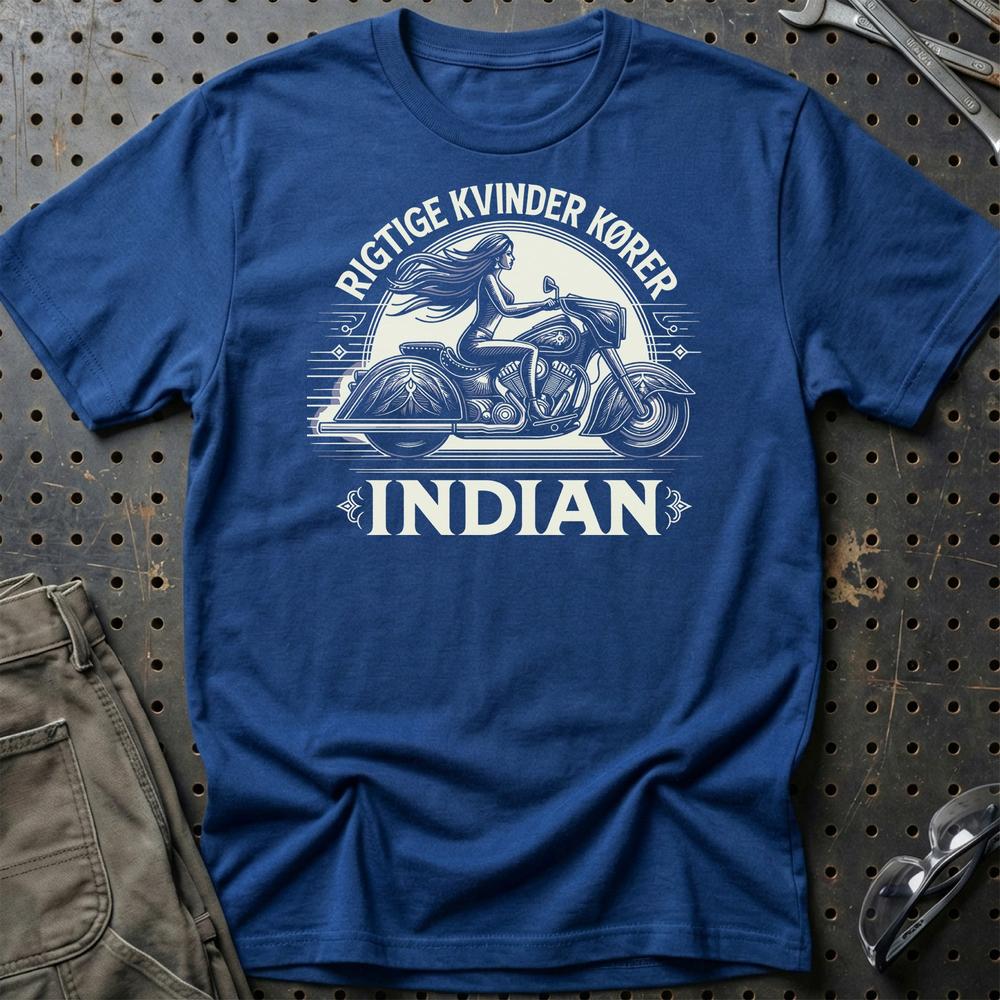 Indian Rigtige Kvinder Kører Indian - Unisex T-Shirt , Bomuld-Beklædning-Indian-Blå Royal-S-Garage Culture Shop- garage - man cave - merchandise