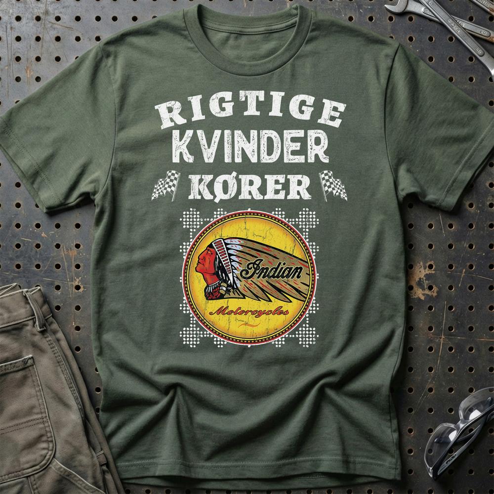 Indian Rigtige Kvinder Kører T-Shirt-Beklædning-Indian-Grøn Militær-S-Garage Culture Shop- garage - man cave - merchandise
