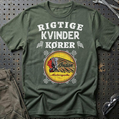 Indian Rigtige Kvinder Kører - Unisex T-Shirt , Bomuld-Beklædning-Indian-Grøn Militær-S-Garage Culture Shop- garage - man cave - merchandise