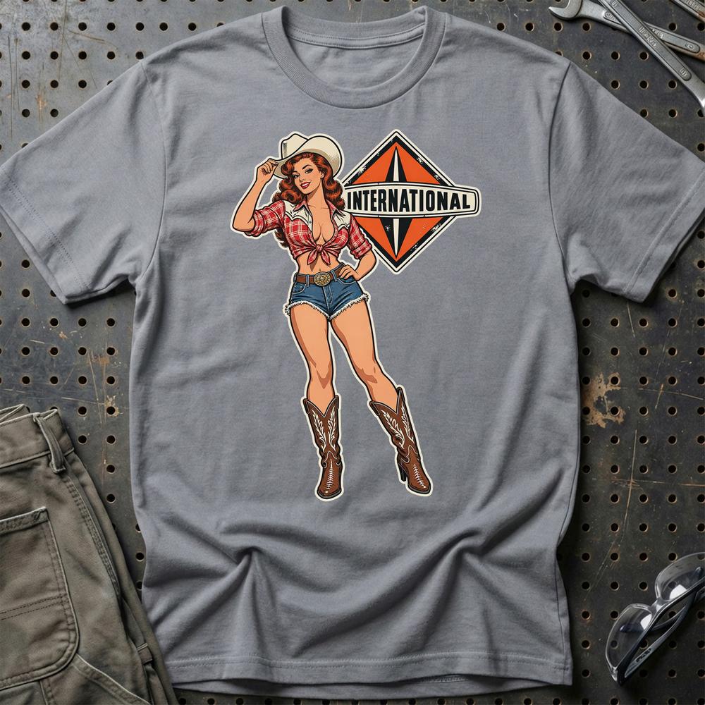 International Cowboy Pinup T-Shirt-Beklædning-International-Grå Sport-S-Garage Culture Shop- garage - man cave - merchandise