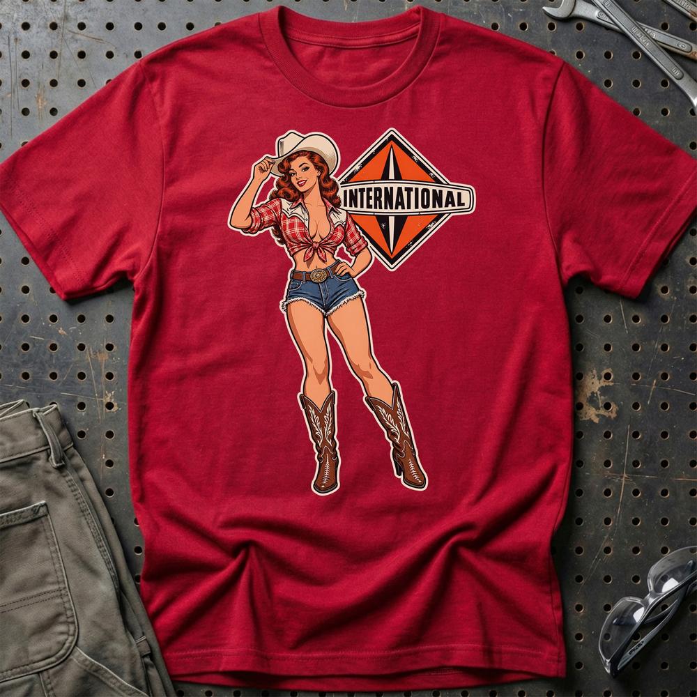 International Cowboy Pinup T-Shirt-Beklædning-International-Rød-S-Garage Culture Shop- garage - man cave - merchandise