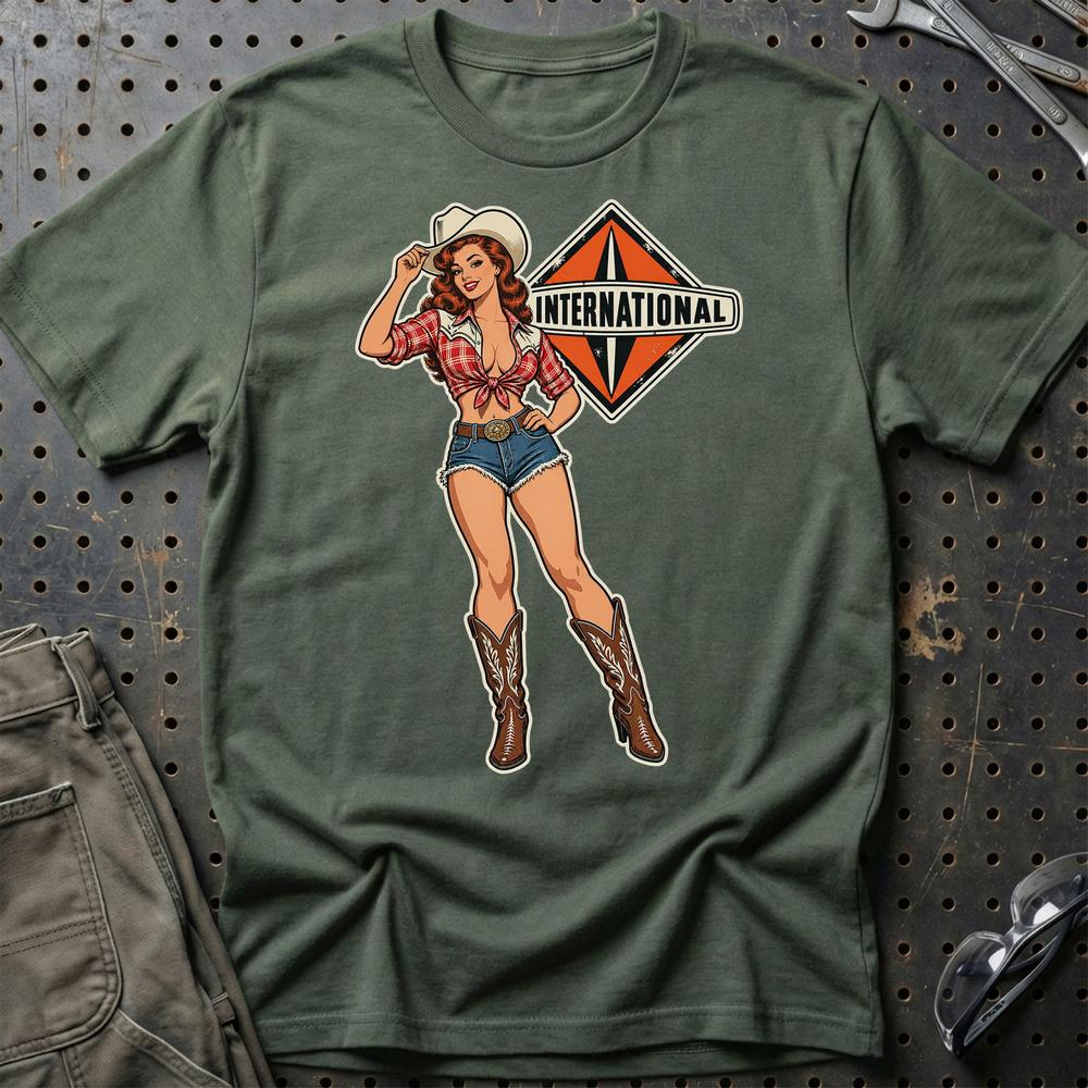 International Cowboy Pinup T-Shirt-Beklædning-International-Grøn Militær-S-Garage Culture Shop- garage - man cave - merchandise