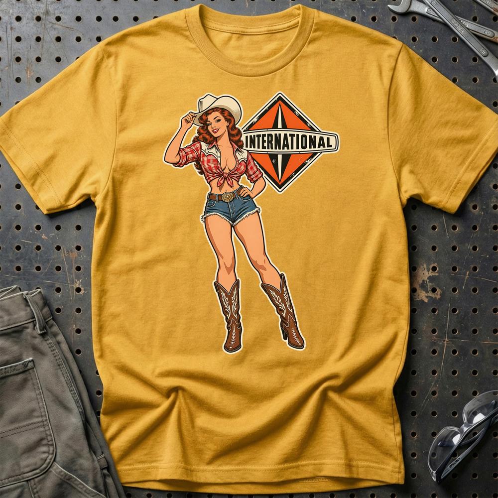 International Cowboy Pinup T-Shirt-Beklædning-International-Guld-S-Garage Culture Shop- garage - man cave - merchandise