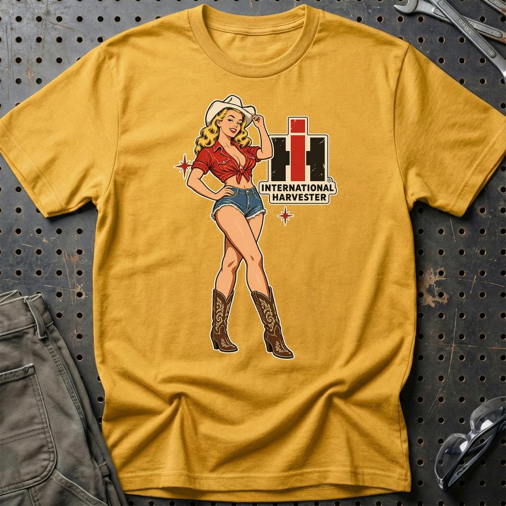 International Harvester Cowboy Pinup T-Shirt-Beklædning-International Harvester-Guld-S-Garage Culture Shop- garage - man cave - merchandise