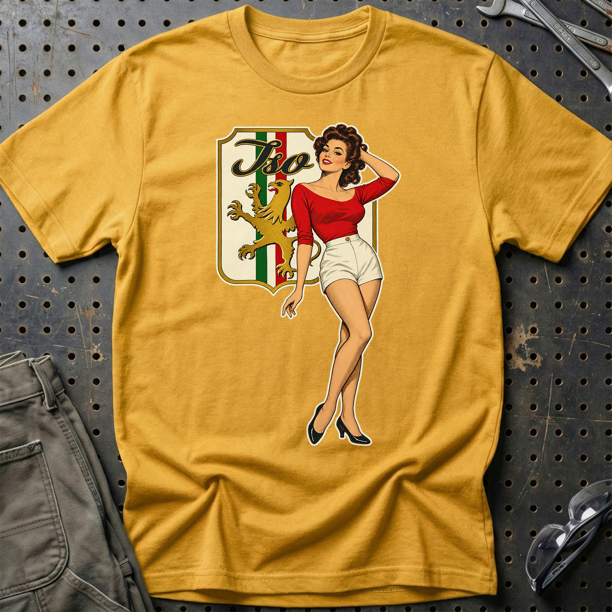 Iso Retro Pinup T-Shirt-Beklædning-Iso-Guld-S-Garage Culture Shop- garage - man cave - merchandise