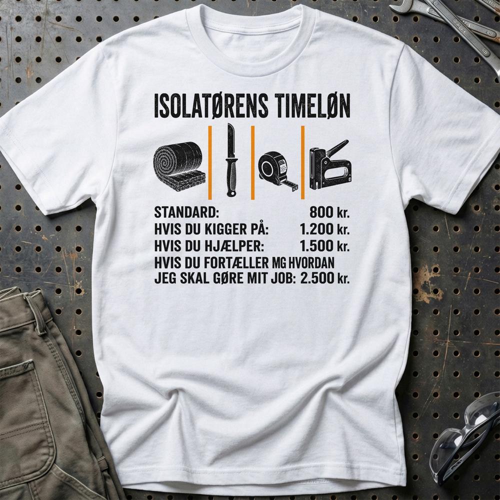Isolatørens Timeløn – Unisex T-Shirt, Bomuld-Beklædning-Garage Culture-Hvid-S-Garage Culture Shop- garage - man cave - merchandise