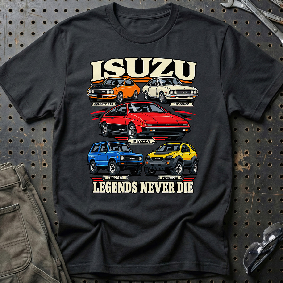 Isuzu Legends Never Die T-Shirt-Beklædning-Isuzu-Sort-S-Garage Culture Shop- garage - man cave - merchandise