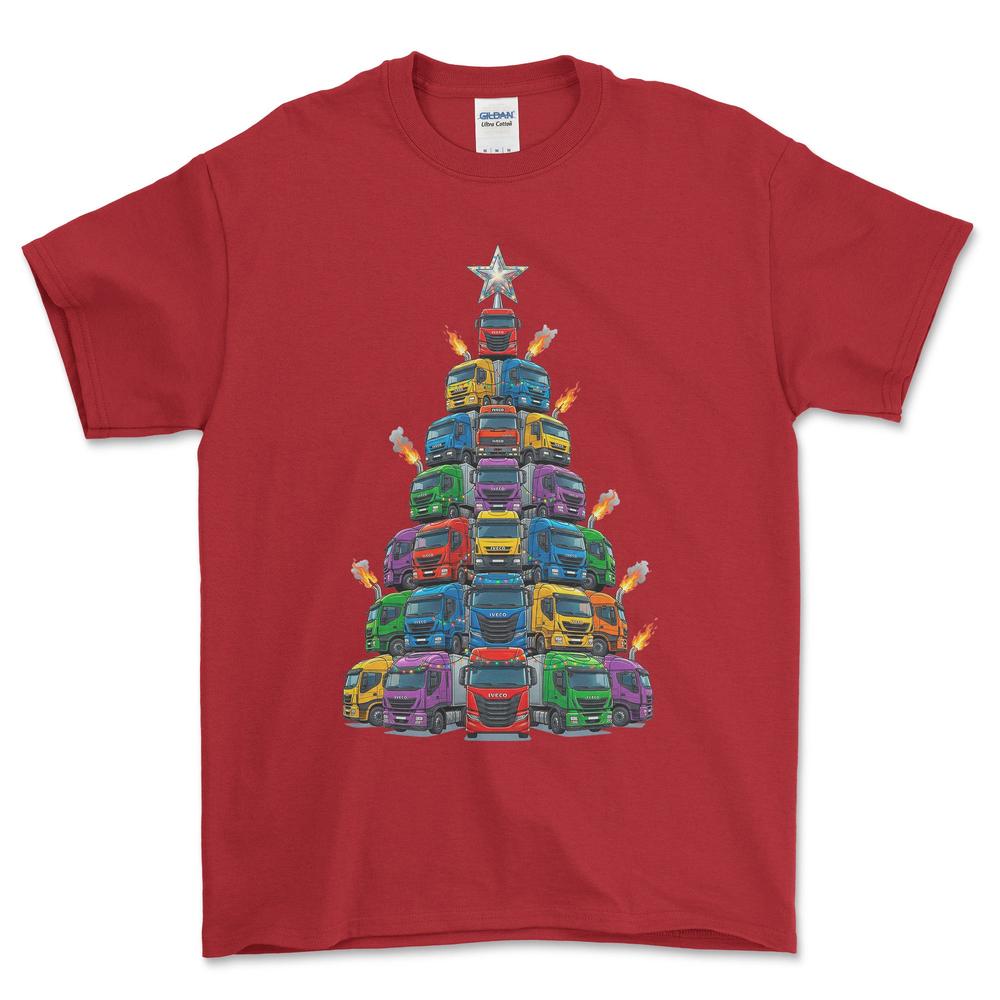 Iveco Lastbil Juletræ Christmas Tree - Unisex T-Shirt-Beklædning-Iveco-Rød-S-Forside-Garage Culture Shop- garage - man cave - merchandise