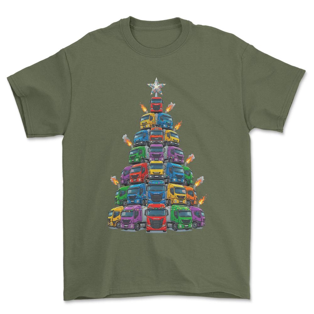 Iveco Lastbil Juletræ Christmas Tree - Unisex T-Shirt-Beklædning-Iveco-Grøn Militær-S-Forside-Garage Culture Shop- garage - man cave - merchandise
