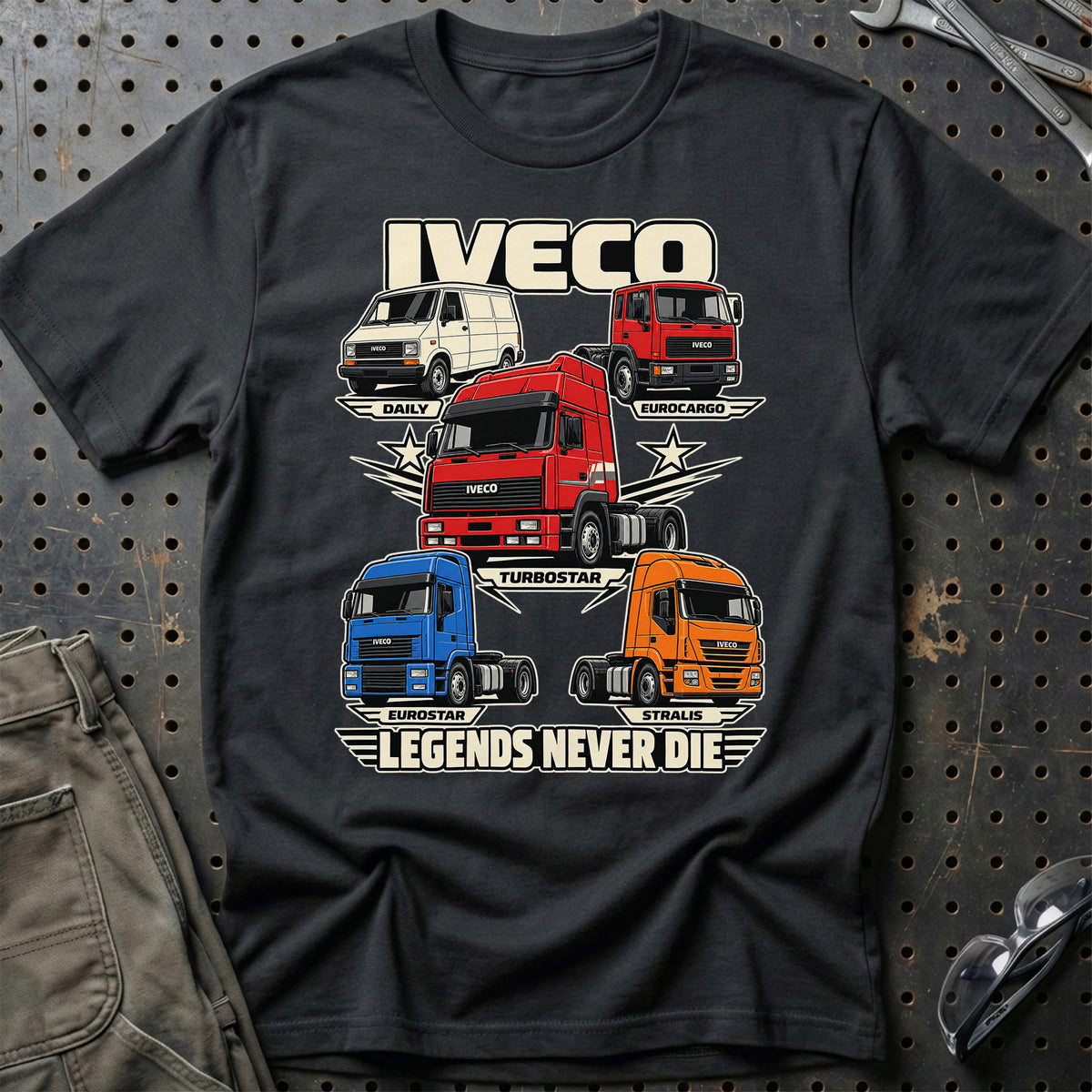 Iveco Legends Never Die T-Shirt-Beklædning-Iveco-Sort-S-Garage Culture Shop- garage - man cave - merchandise