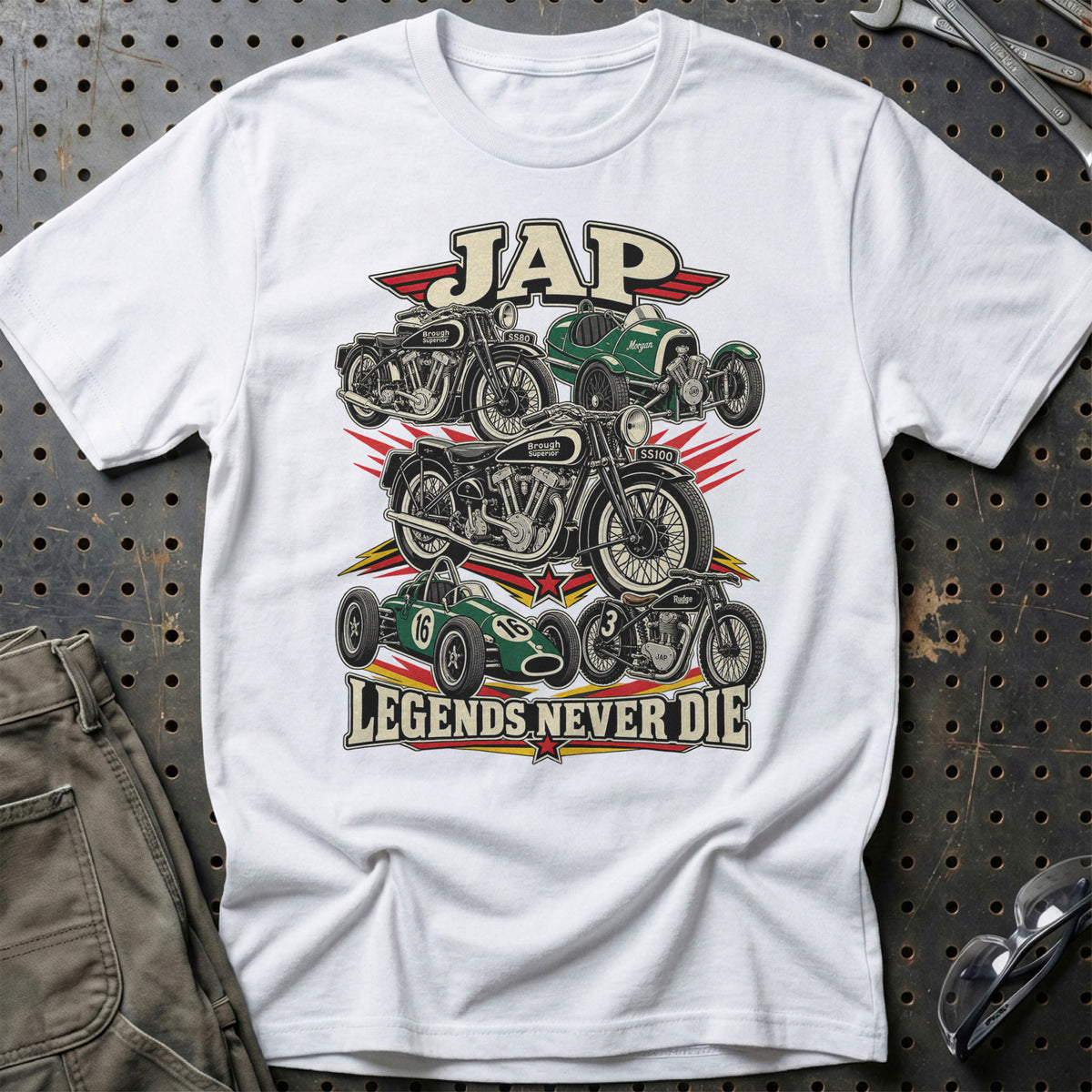 JAP Legends Never Die T-Shirt-Beklædning-JAP-Hvid-S-Garage Culture Shop- garage - man cave - merchandise