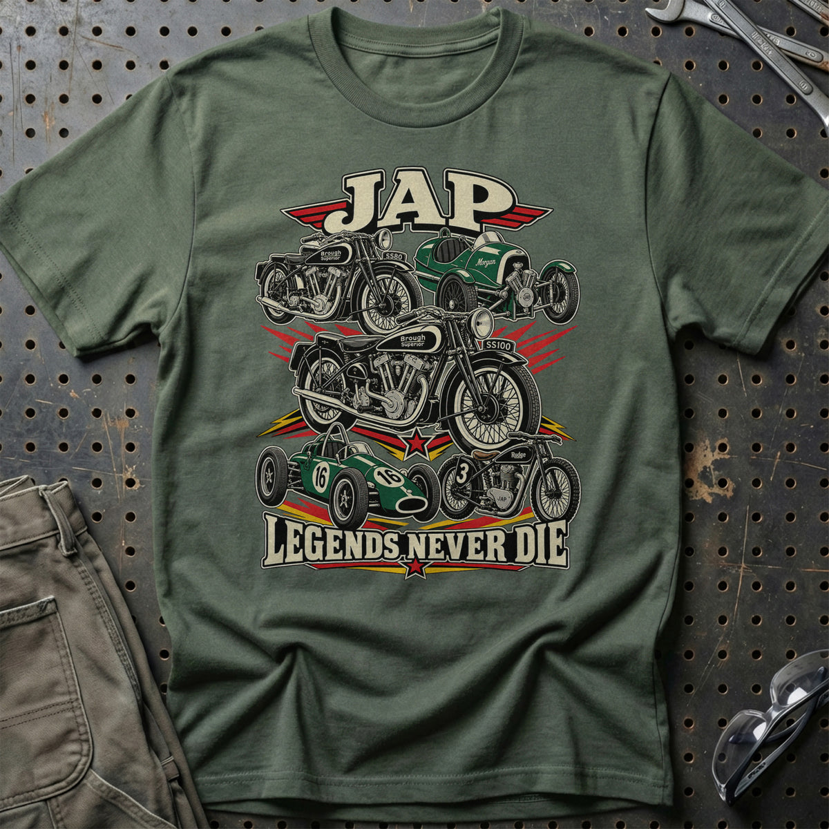 JAP Legends Never Die T-Shirt-Beklædning-JAP-Grøn Militær-S-Garage Culture Shop- garage - man cave - merchandise