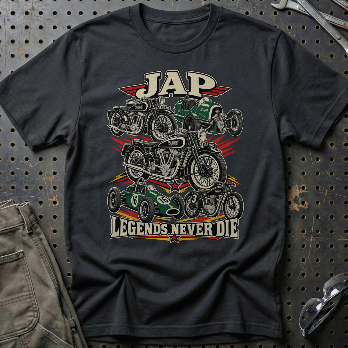 JAP Legends Never Die T-Shirt-Beklædning-JAP-Sort-S-Garage Culture Shop- garage - man cave - merchandise