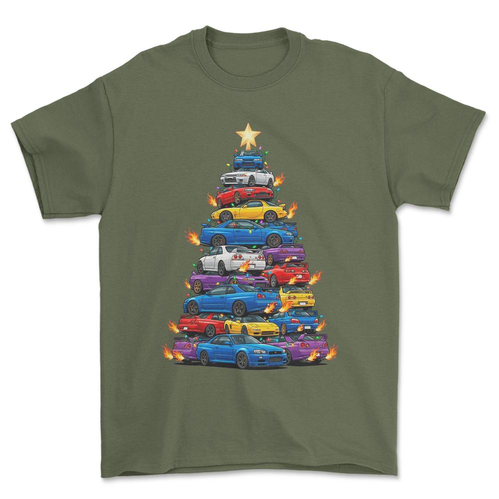JDM Juletræ Christmas Tree - Unisex T-Shirt-Beklædning-JDM-Grøn Militær-S-Forside-Garage Culture Shop- garage - man cave - merchandise