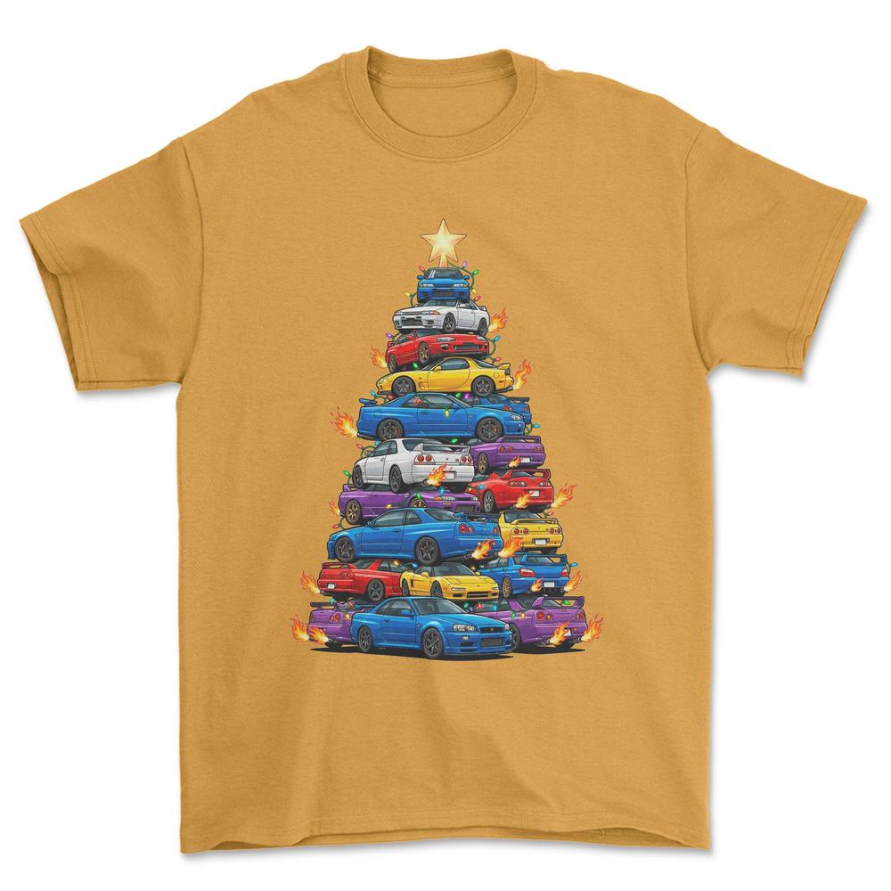JDM Juletræ Christmas Tree - Unisex T-Shirt-Beklædning-JDM-Guld-S-Forside-Garage Culture Shop- garage - man cave - merchandise