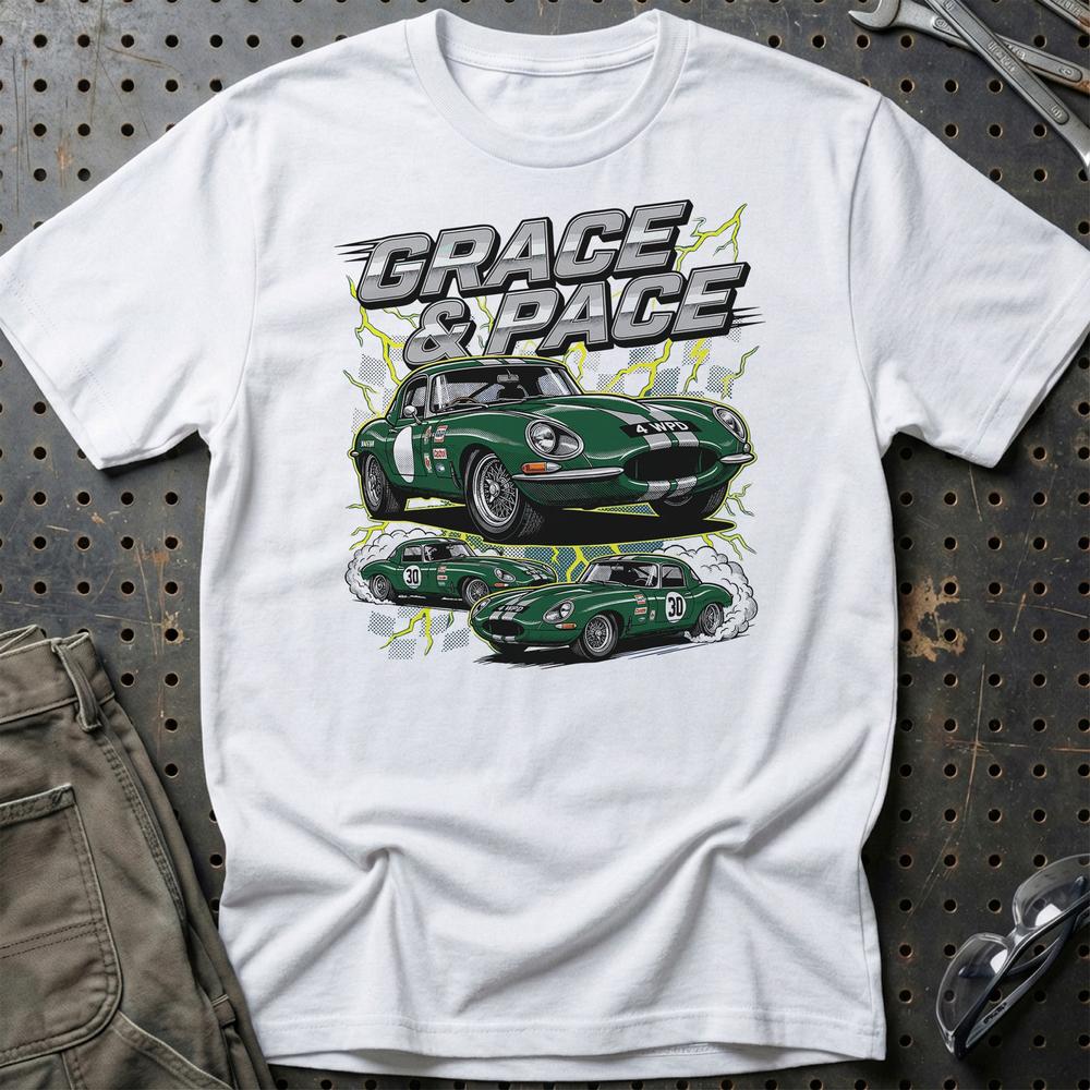 Jaguar E-Type T-Shirt - Grace & Pace | Britisk Racing Ikon T-Shirt-Beklædning-Jaguar-Hvid-S-Garage Culture Shop- garage - man cave - merchandise